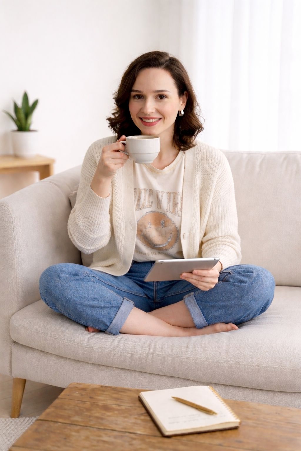 Karina sentada em ambiente claro e acolhedor